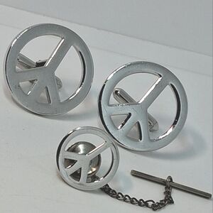 * Vintage Men's Peace Sign Cuff Links & Tie Tac Pin Set